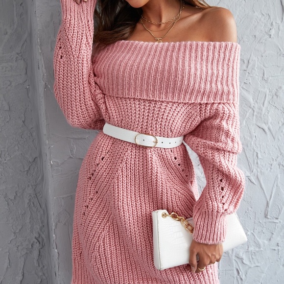 BOHO pink off shoulder knit sweater dress - Picture 6 of 6